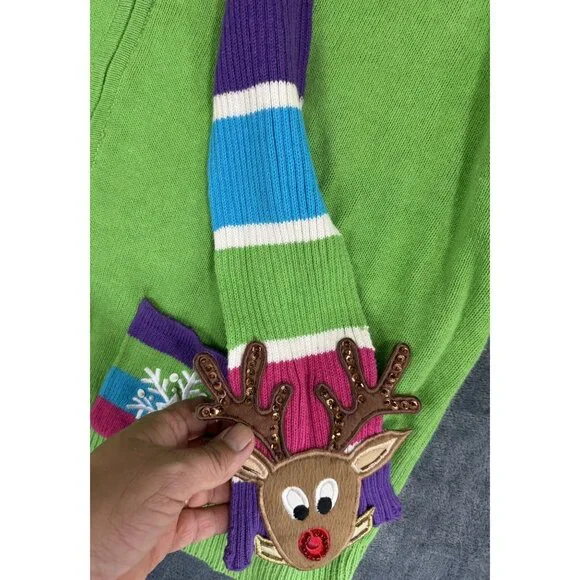 Vintage Women's Full Zip Green Sweater W/ Festive Scarf 3X Tiara International - Picture 5 of 10